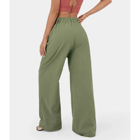 High Waisted Plicated Wide Leg Flowy Palazzo Pants Color: Loden Green SIZE Small - Picture 2 of 5